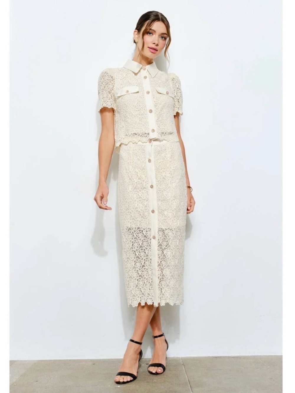 Ina Cream Lace Button-Front Top and Midi Skirt Set